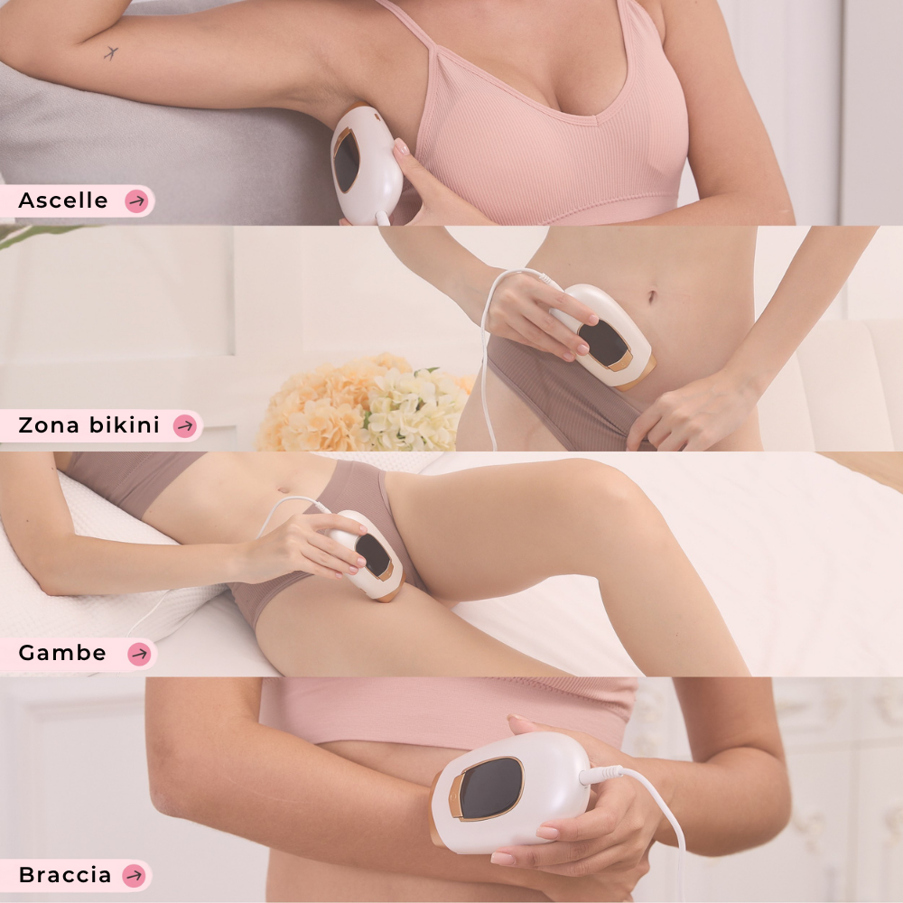 Uso del dispositivo Lumina su ascelle, zona bikini, gambe e braccia – epilazione IPL sicura e completa.