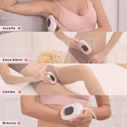 Uso del dispositivo Lumina su ascelle, zona bikini, gambe e braccia – epilazione IPL sicura e completa.