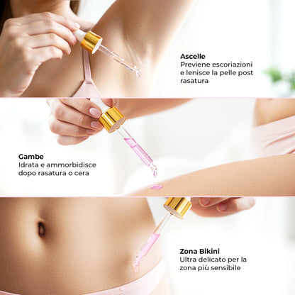 Applicazione Silky Balloon su gambe, ascelle e zona bikini: idratazione e sollievo dopo la rasatura o ceretta.