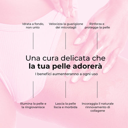 Benefici olio Silky Balloon: idratazione profonda, guarigione dei microtagli, pelle protetta e luminosa dopo ogni uso.