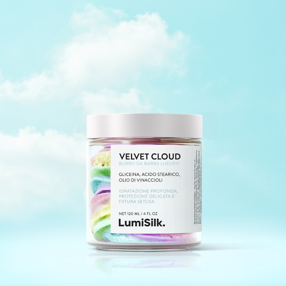 Lumisilk Velvet Cloud – burro da barba vegano con ingredienti naturali per una rasatura delicata e pelle protetta.