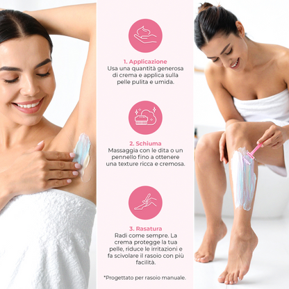Guida in 3 step per usare la crema da rasatura Velvet Cloud: applicazione sulla pelle umida, massaggio per creare schiuma cremosa, rasatura delicata senza irritazioni.