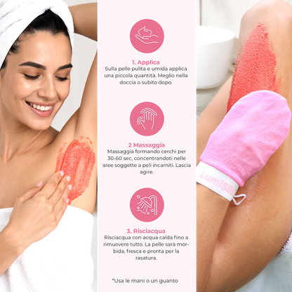 Istruzioni d’uso per lo scrub pre-rasatura Sugar Veil di LumiSilk: applica, massaggia, risciacqua per una pelle liscia e pronta alla depilazione