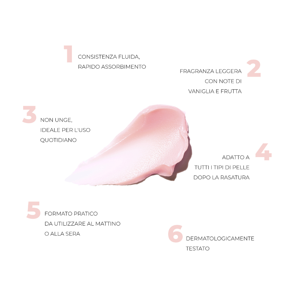 Texture cremosa della crema Blush Feather – rapido assorbimento, formula non grassa, adatta a tutti i tipi di pelle, anche sensibili.