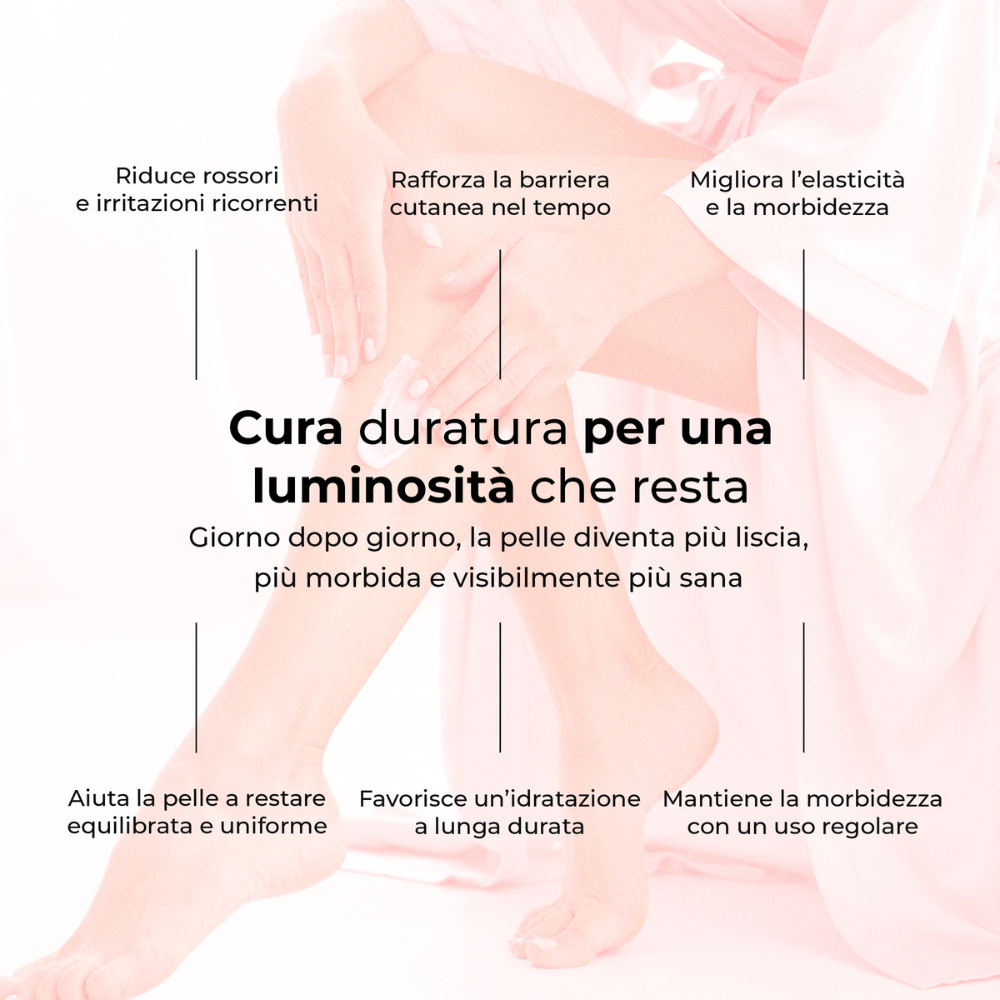 Cura duratura per una pelle luminosa e sana. Riduce rossori, rafforza la barriera cutanea, migliora elasticità e morbidezza, idratazione profonda e uniforme giorno dopo giorno
