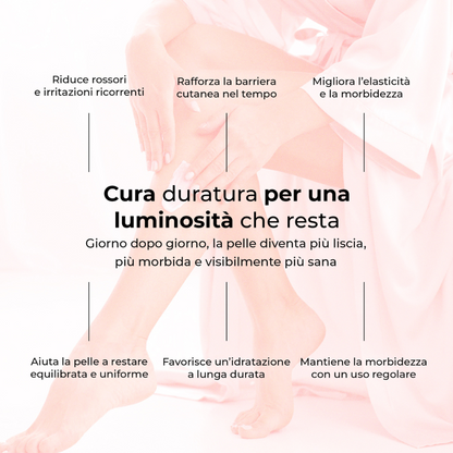 Cura duratura per una pelle luminosa e sana. Riduce rossori, rafforza la barriera cutanea, migliora elasticità e morbidezza, idratazione profonda e uniforme giorno dopo giorno