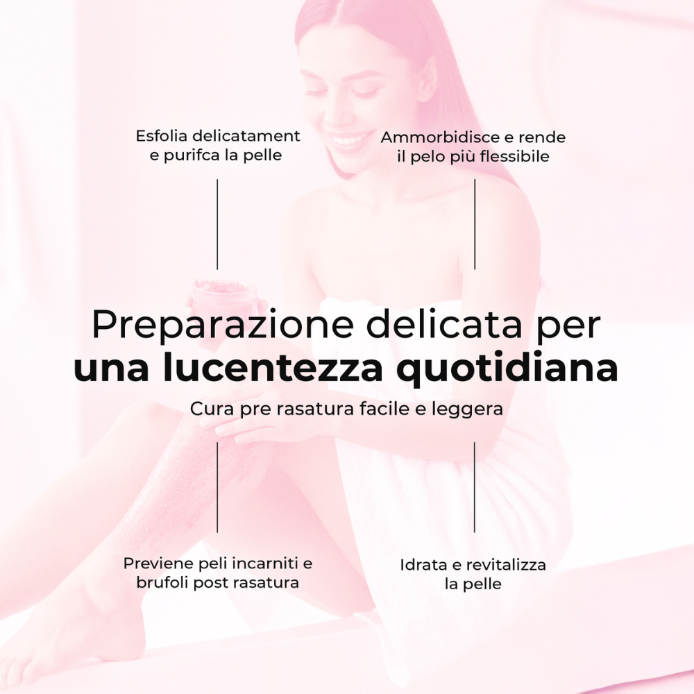 Preparazione delicata con lo scrub Sugar Veil di LumiSilk: esfolia, ammorbidisce, idrata e previene peli incarniti per una rasatura perfetta ogni giorno