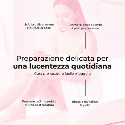 Preparazione delicata con lo scrub Sugar Veil di LumiSilk: esfolia, ammorbidisce, idrata e previene peli incarniti per una rasatura perfetta ogni giorno