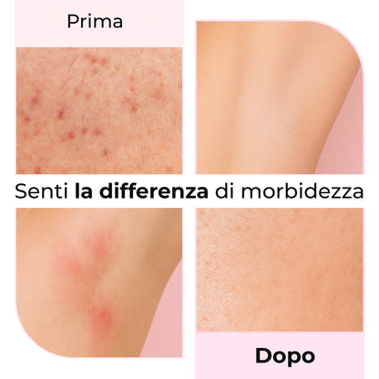 Confronto pelle prima e dopo l’uso dell’olio Silky Balloon: morbidezza visibile e pelle liscia post rasatura.