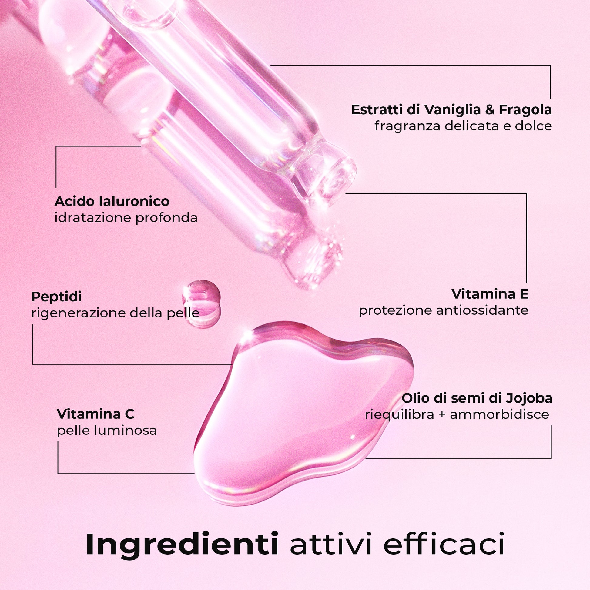 Ingredienti efficaci olio post rasatura Silky Balloon: acido ialuronico, vitamina E, peptidi, vaniglia e jojoba per pelle liscia e protetta.