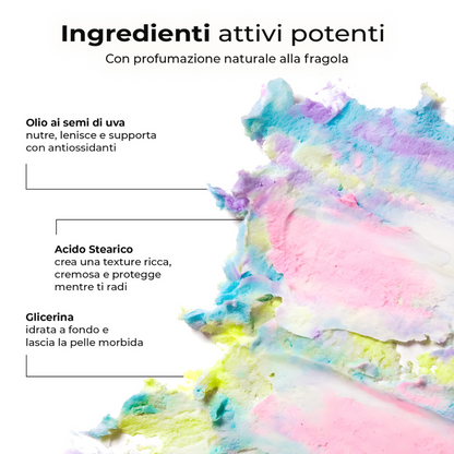 Texture cremosa e colorata con ingredienti attivi: olio di semi d’uva antiossidante, acido stearico protettivo e glicerina idratante. Profumazione naturale alla fragola.