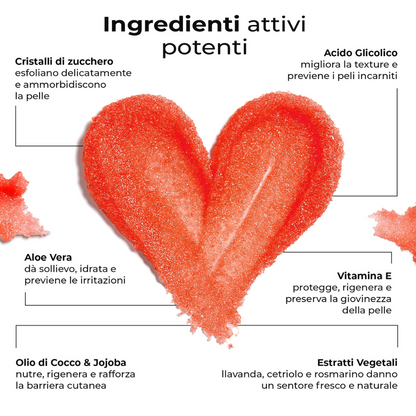 Ingredienti attivi dello scrub Sugar Veil di LumiSilk: zucchero, aloe vera, acido glicolico, vitamina E, oli vegetali ed estratti freschi per una pelle levigata