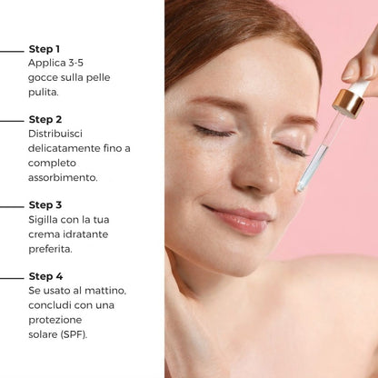 Come applicare il siero Lumisilk: 3-5 gocce sulla pelle pulita, massaggiare fino ad assorbimento, aggiungere crema idratante e protezione solare al mattino.