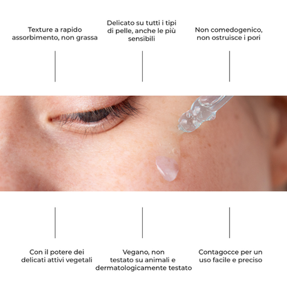 Siero viso Lumisilk: texture leggera a rapido assorbimento, non comedogenico, vegano, delicato sulla pelle sensibile e con attivi vegetali. Applicazione facile con contagocce.