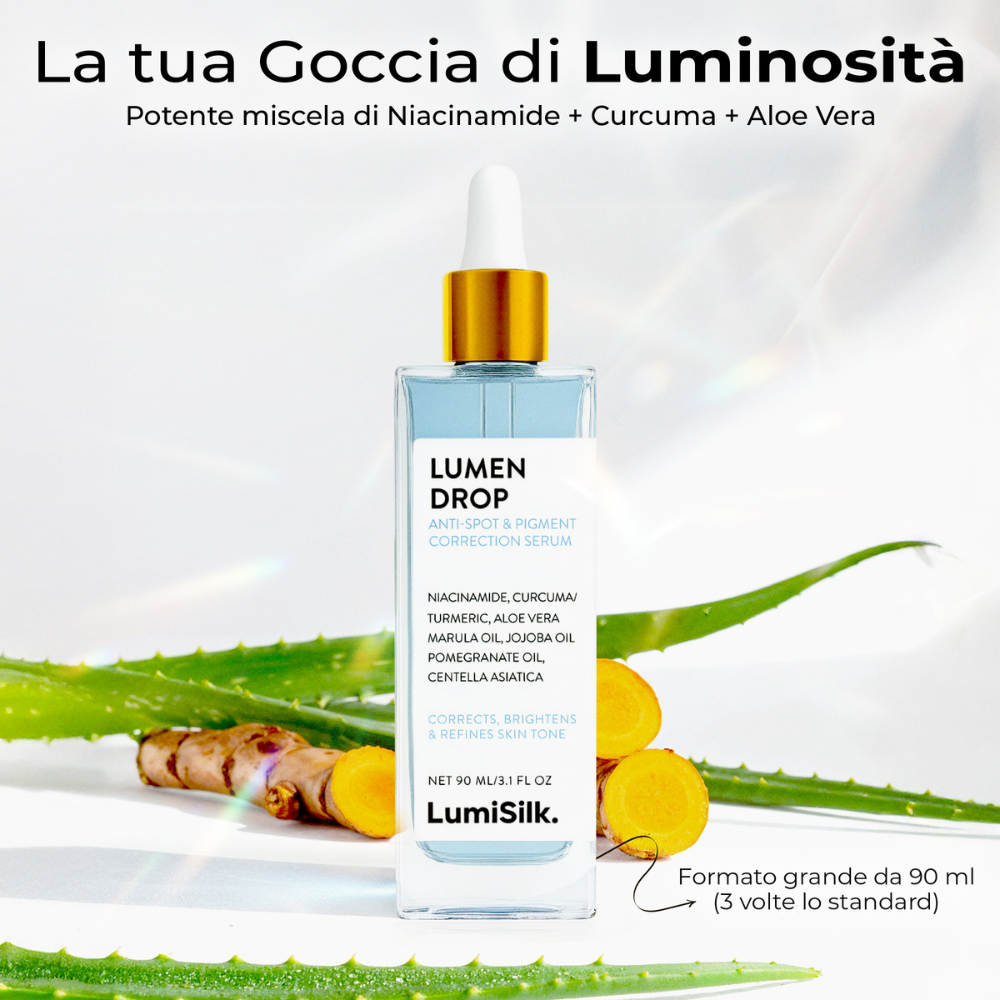 Lumen Drop di LumiSilk – Siero antimacchie e correttore della pigmentazione con niacinamide, curcuma, aloe vera e oli botanici. Formato grande da 90 ml. Una goccia di luminosità per una pelle più uniforme.