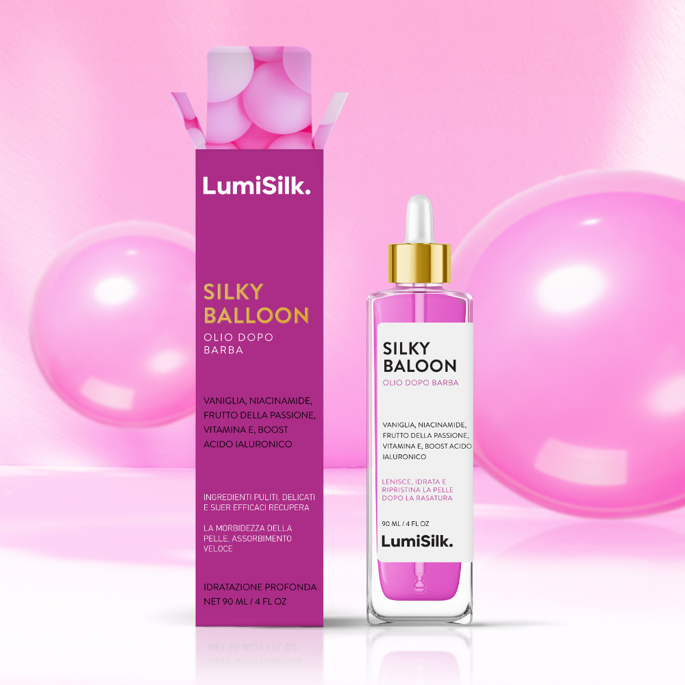 Silky Balloon di LumiSilk – olio dopobarba vegano per pelle sensibile, con texture leggera e assorbimento rapido.