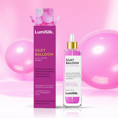 Silky Balloon di LumiSilk – olio dopobarba vegano per pelle sensibile, con texture leggera e assorbimento rapido.
