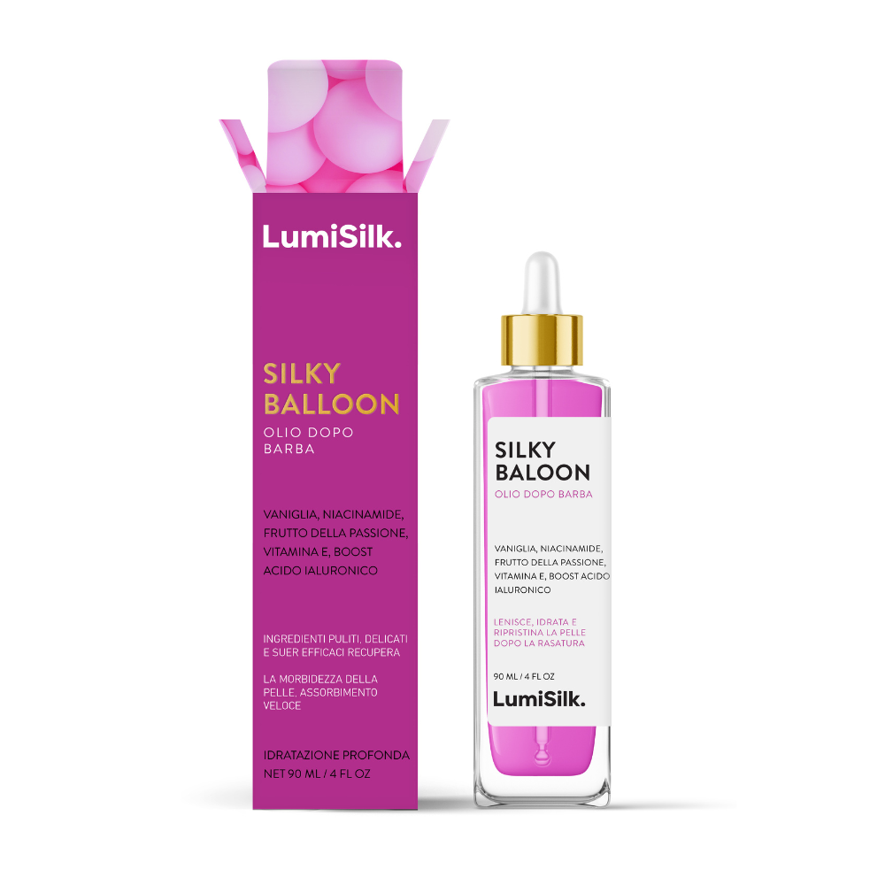 Silky Balloon di LumiSilk – olio dopobarba con vaniglia, niacinamide, frutto della passione, vitamina E e acido ialuronico.