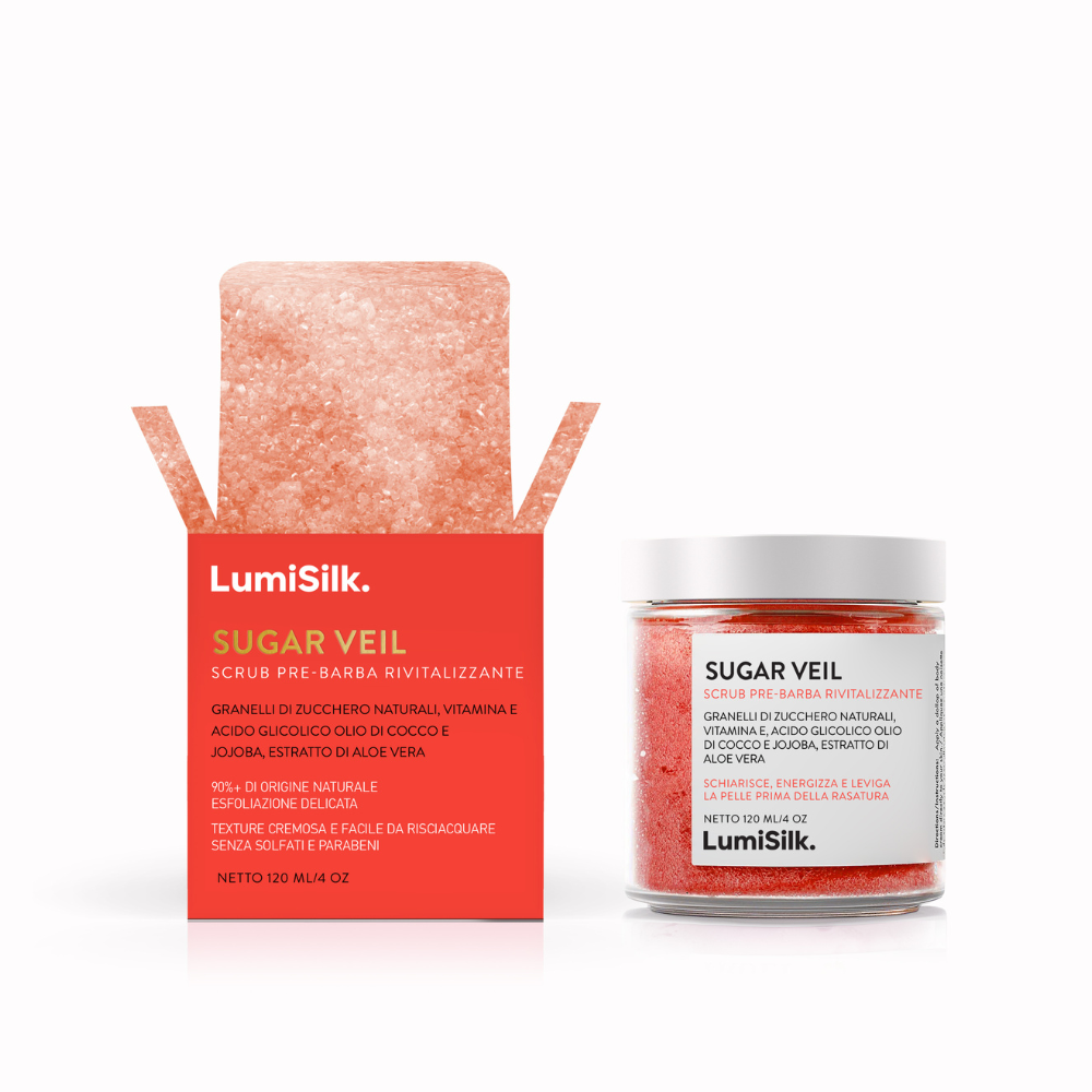 Sugar Veil di LumiSilk – scrub pre-barba con granelli di zucchero naturali, vitamina E, olio di cocco e jojoba, estratto di aloe vera.