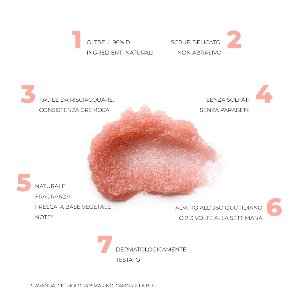 Scrub Sugar Veil con oltre il 90% di ingredienti naturali, texture cremosa, profumo vegetale fresco e formula senza solfati né parabeni.