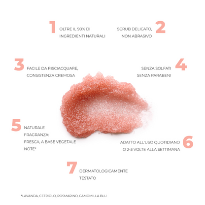 Scrub Sugar Veil con oltre il 90% di ingredienti naturali, texture cremosa, profumo vegetale fresco e formula senza solfati né parabeni.