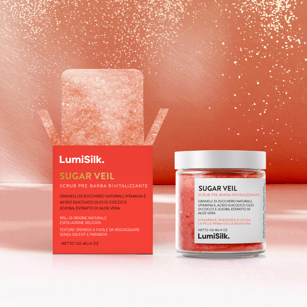 Scrub pre-barba Sugar Veil – esfoliazione delicata e cremosa per una pelle pulita, energizzata e pronta alla rasatura.