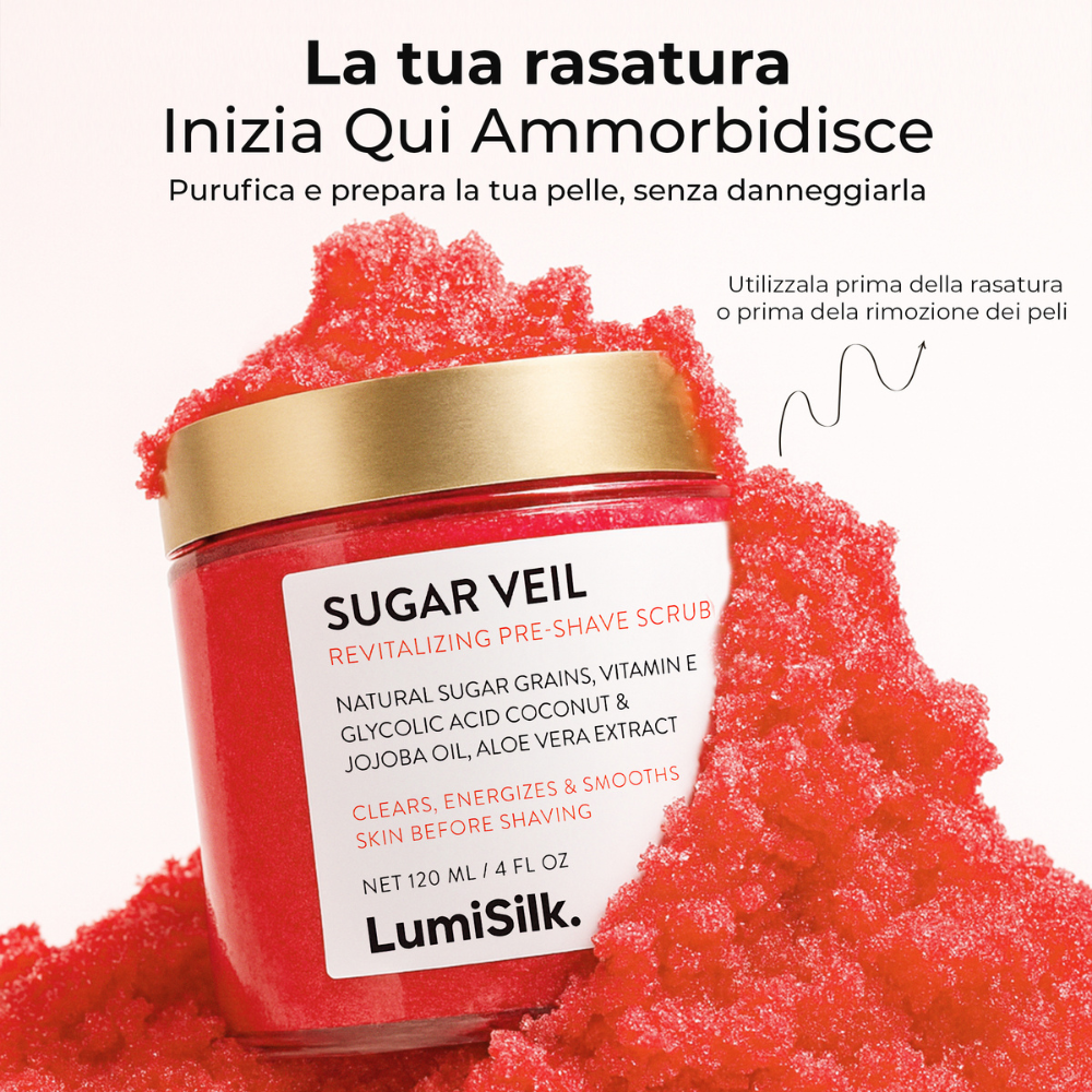 Scrub pre-rasatura Sugar Veil di LumiSilk – ammorbidisce, purifica e prepara la pelle prima della depilazione senza irritazioni