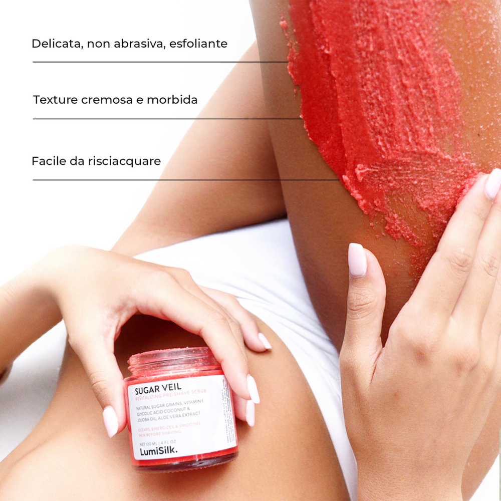 Scrub esfoliante pre-rasatura Sugar Veil di LumiSilk – texture cremosa, rimuove cellule morte e prepara la pelle alla depilazione