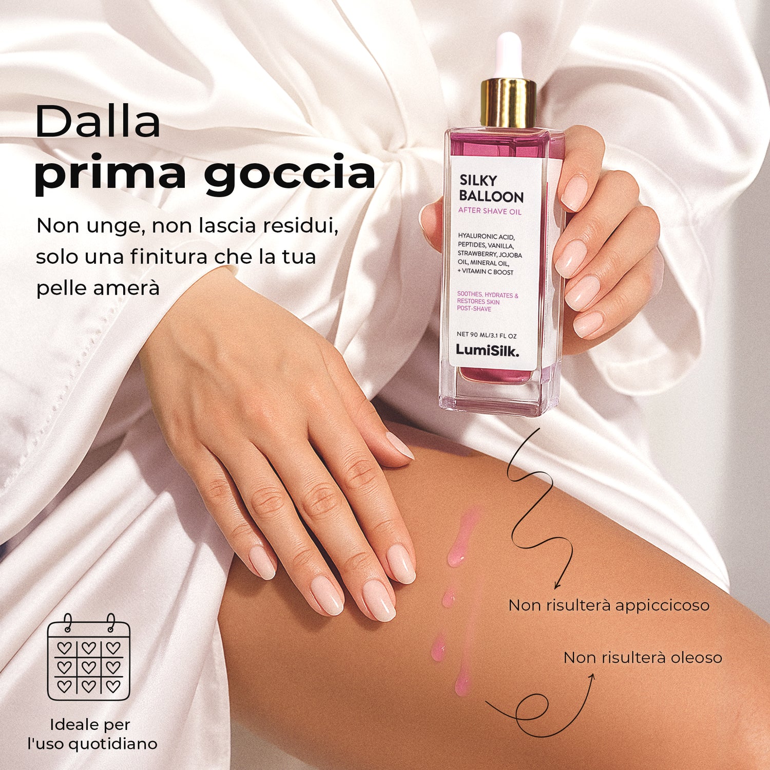 Silky Balloon Olio dopo rasatura, non appiccicoso né oleoso, effetto setoso sin dalla prima goccia sulla pelle.