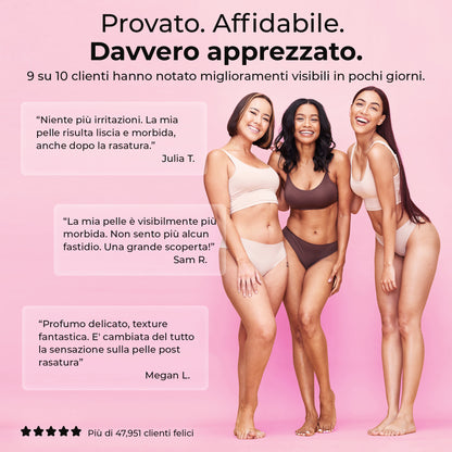 Recensioni clienti Silky Balloon: niente più irritazioni, pelle liscia e profumata, miglioramenti visibili dopo pochi giorni.