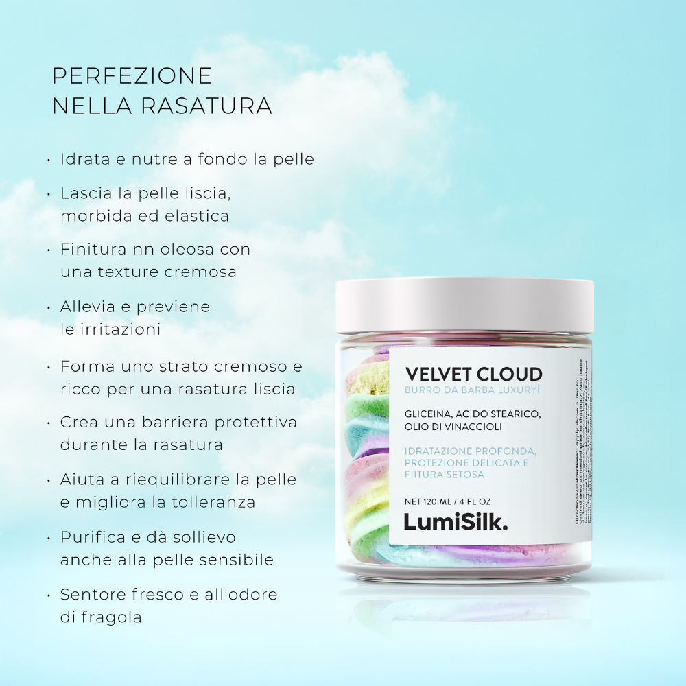 Velvet Cloud – nutre, lenisce e protegge la pelle durante la rasatura. Texture cremosa, profumo di fragola e adatto anche a pelli sensibili.